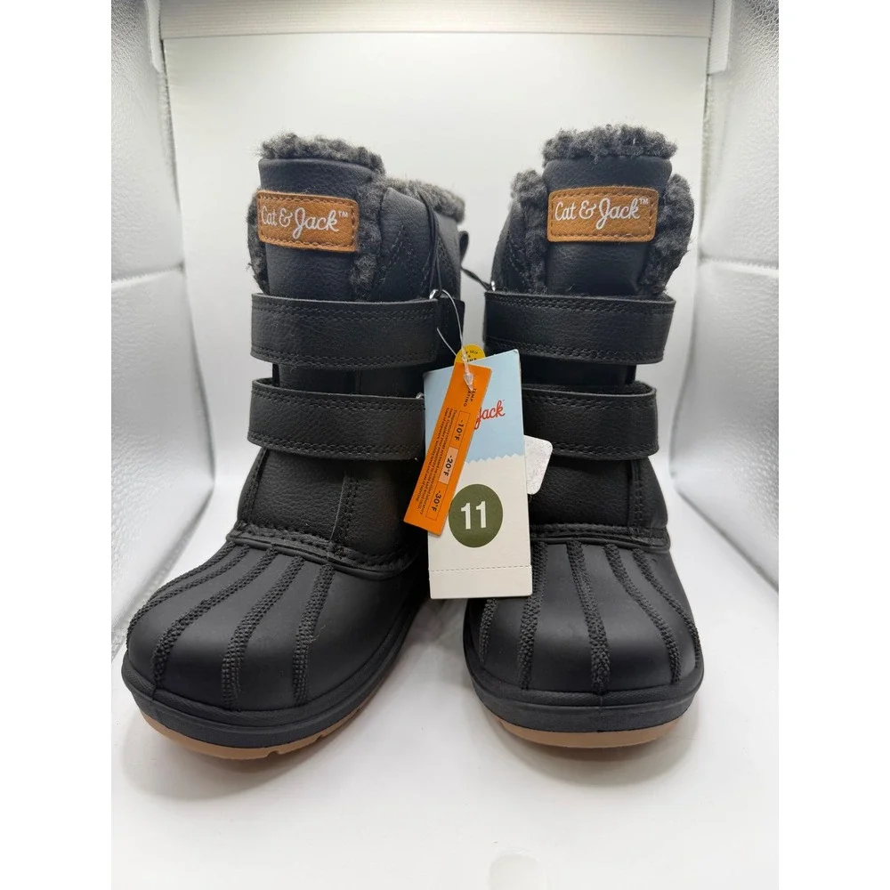 Cat & Jack Kids Black Snow Boots Faux Fur Lined Winter Duck Boots Size 11 NEW
